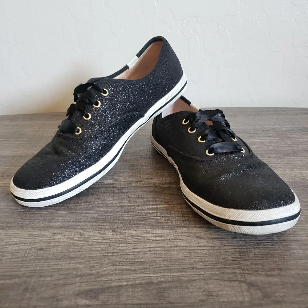 Keds x Kate Spade Champion Glitter Sneaker Shoes Satin Lace Black Sz Women's 5.5